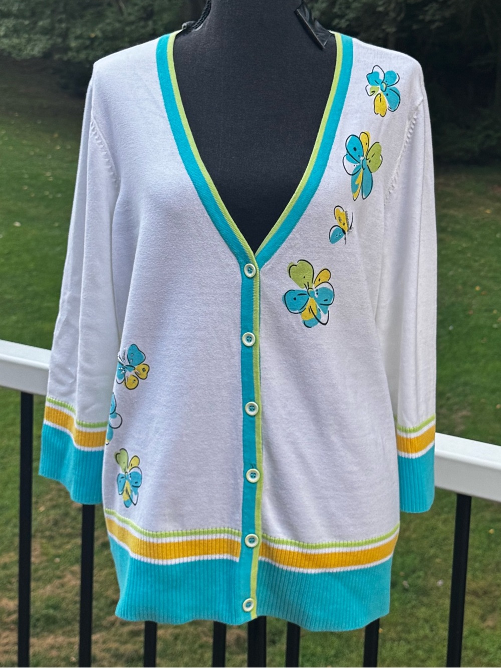 Christopher & Banks White Cardigan with Teal and Yellow Floral Trim Size X-LARGE